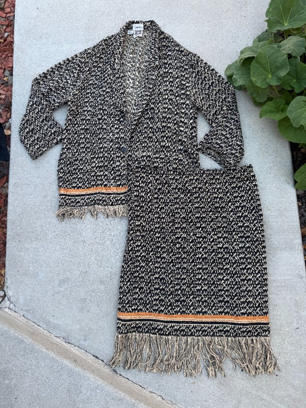 Vintage 1970's Anne Klein Button-up Cardigan and Fringe Skirt Set Size Medium